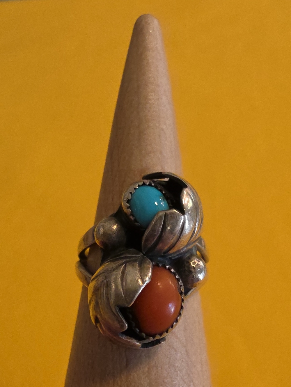 Vintage Navajo Sterling Ring Red Coral & Blue Turquoise -Unknown Hallmark AS:5.5